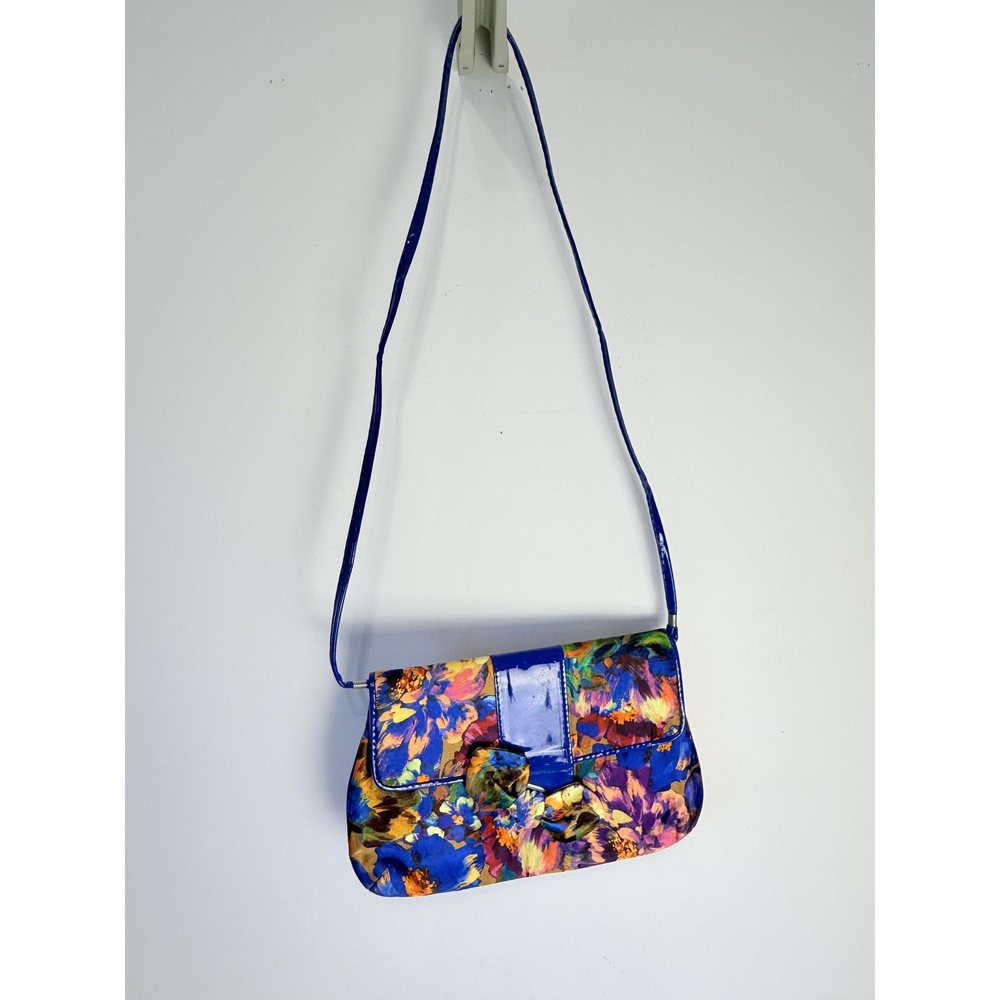 J Renee Womens Blue Floral Print Leather Trim Long Strap Shoulder Bag Handbag